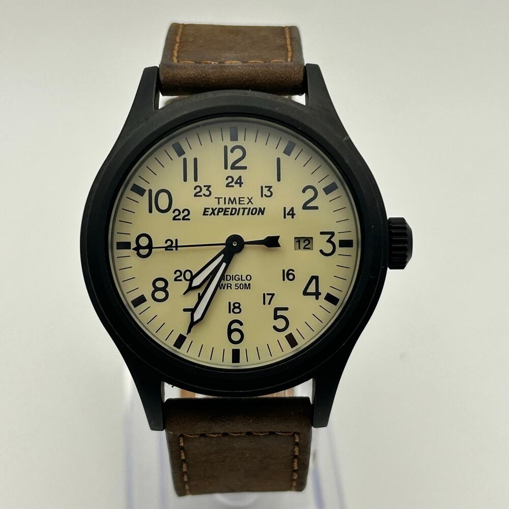 Timex Expedition Scout Cream Dial Brown Leather Strap Watch Working New Battery